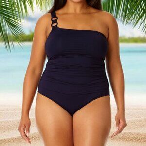 Anne Cole Plus Size Ring Strap Asymmetrical-Neck One-Piece Swimsuit